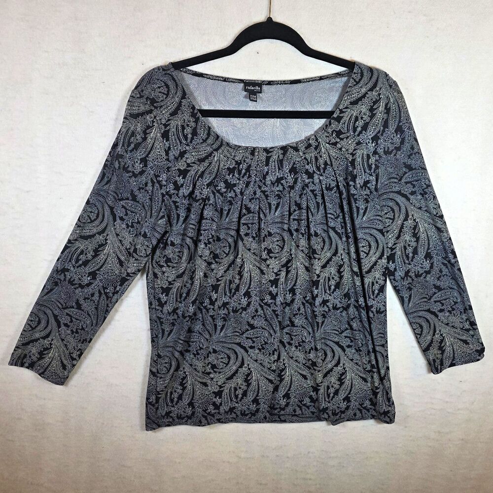Rafaella PM Petite Black Gray Paisley Knit Top 3/4 Sleeve Scoop Neck Pleated
